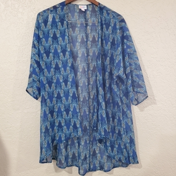 LuLaRoe Other - Lularoe Kimono Blue White Yellow Open Front Geometric Size Small